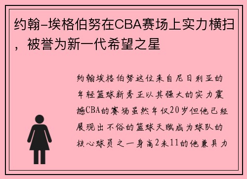约翰-埃格伯努在CBA赛场上实力横扫，被誉为新一代希望之星